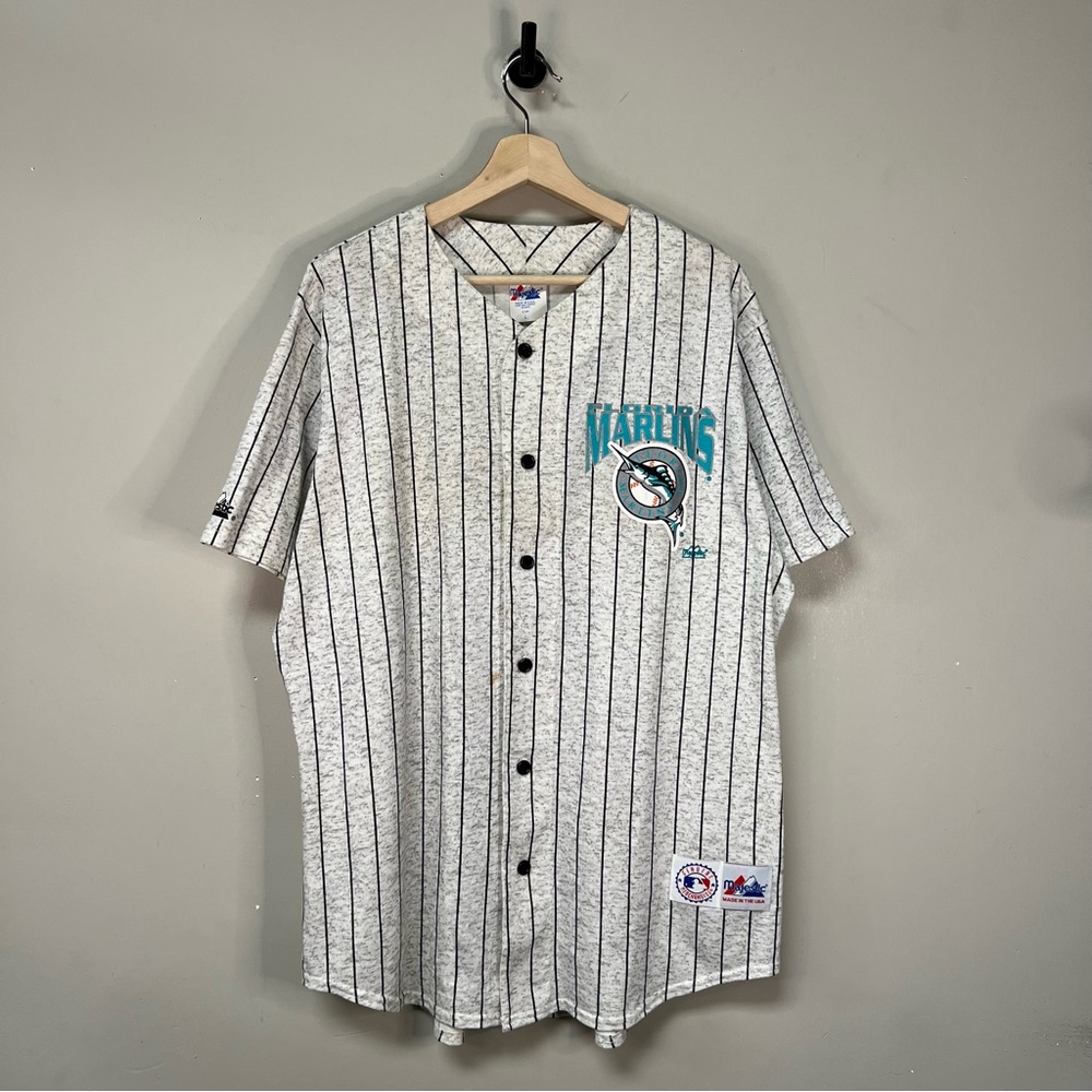 Majestic Miami Marlins White Pinstripe Button-Up Jersey